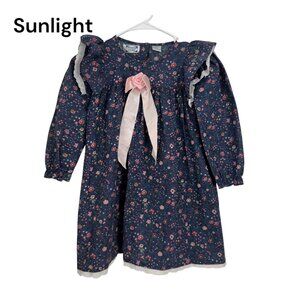 Vintage Jennifer Lauren Girls Floral Victorian Dress SZ 6X Pink Bow Long Sleeve
